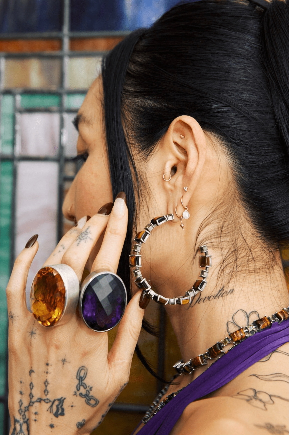 Battlement hoops in Tiger Eye and Peridot (Silver) Jewelry Vesper Obscura