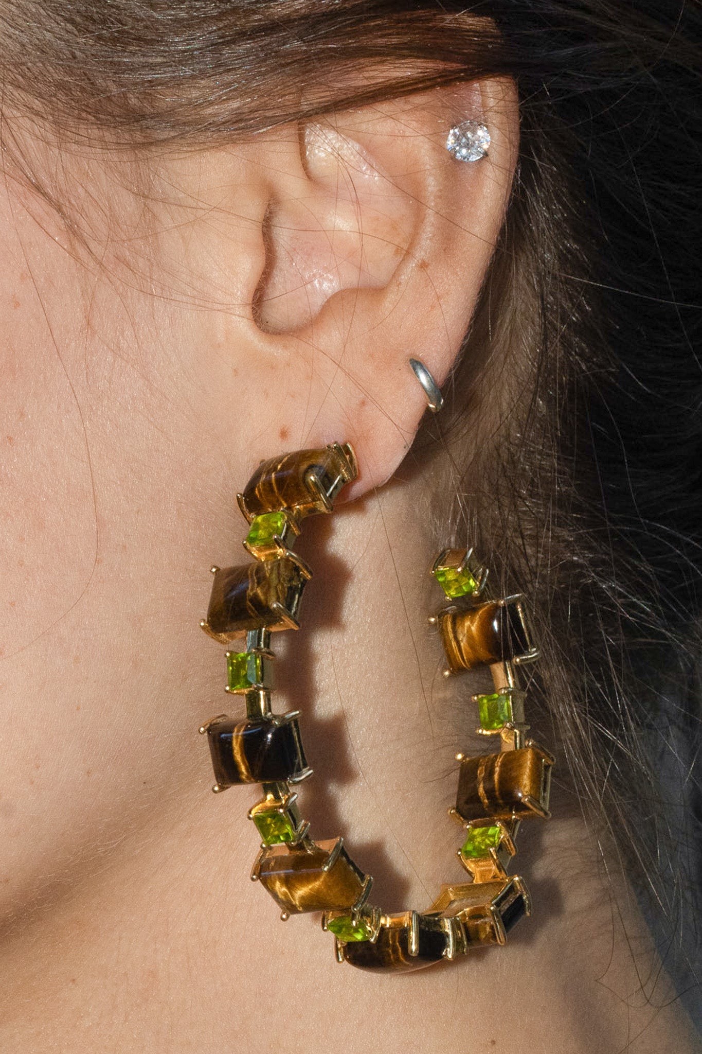 Battlement Hoops with Tiger Eye Poison Dart Gold Statement