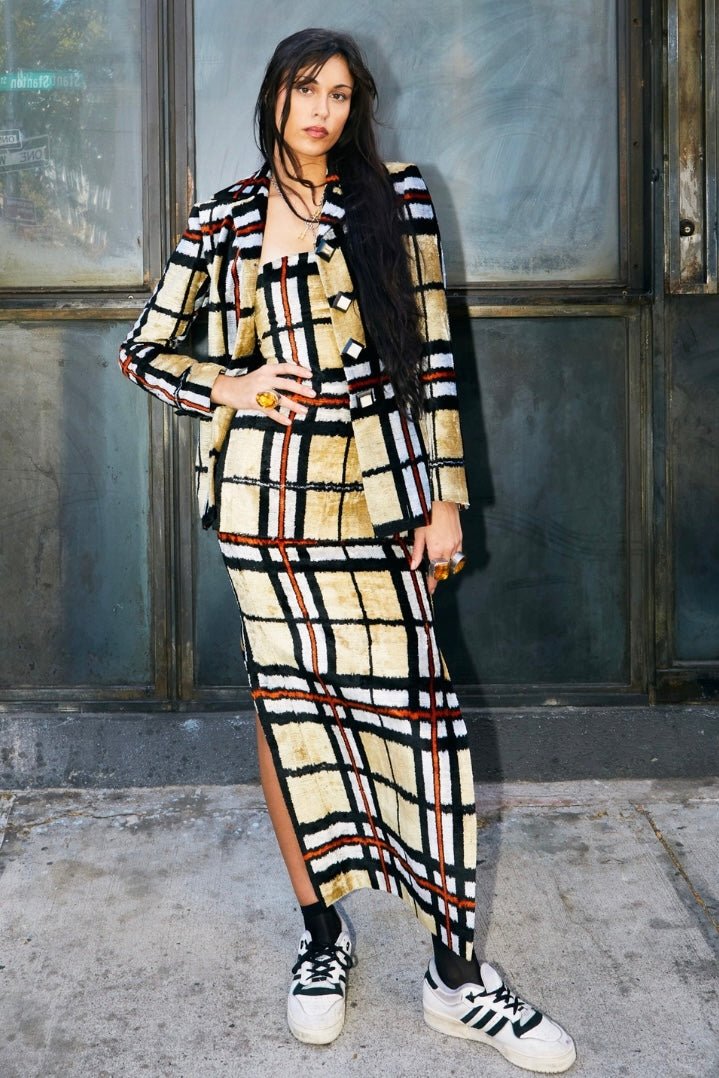 UZBEK SILK VELVET STEWARDESS BLAZER IN TARTAN Outerwear mia vesper