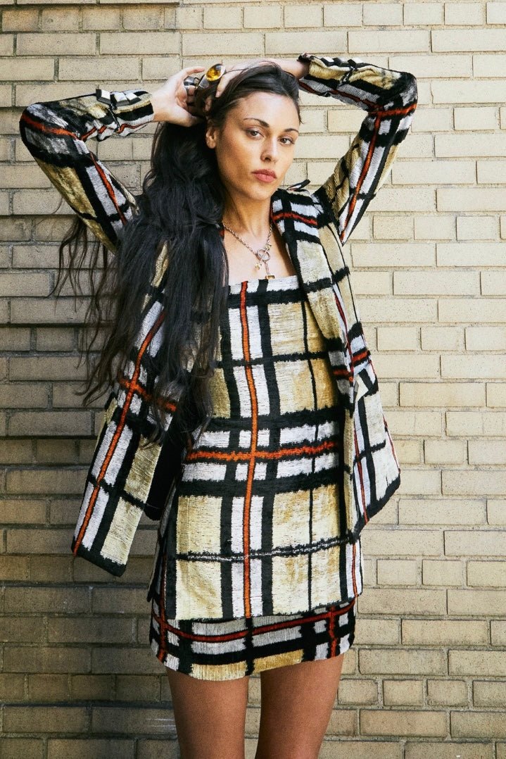 UZBEK SILK VELVET STEWARDESS BLAZER IN TARTAN Outerwear mia vesper