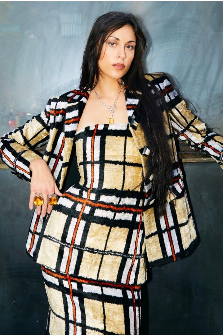 UZBEK SILK VELVET STEWARDESS BLAZER IN TARTAN Outerwear mia vesper