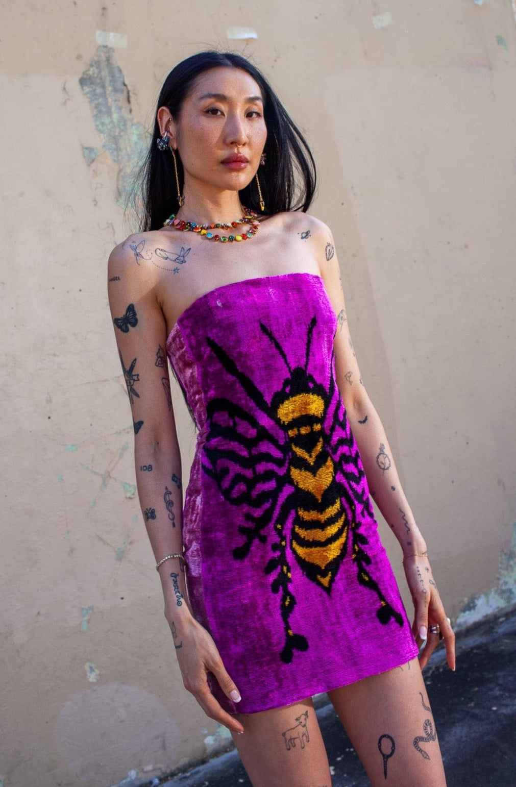 Uzbek Silk Velvet Bumblebee Mini Dress mia vesper
