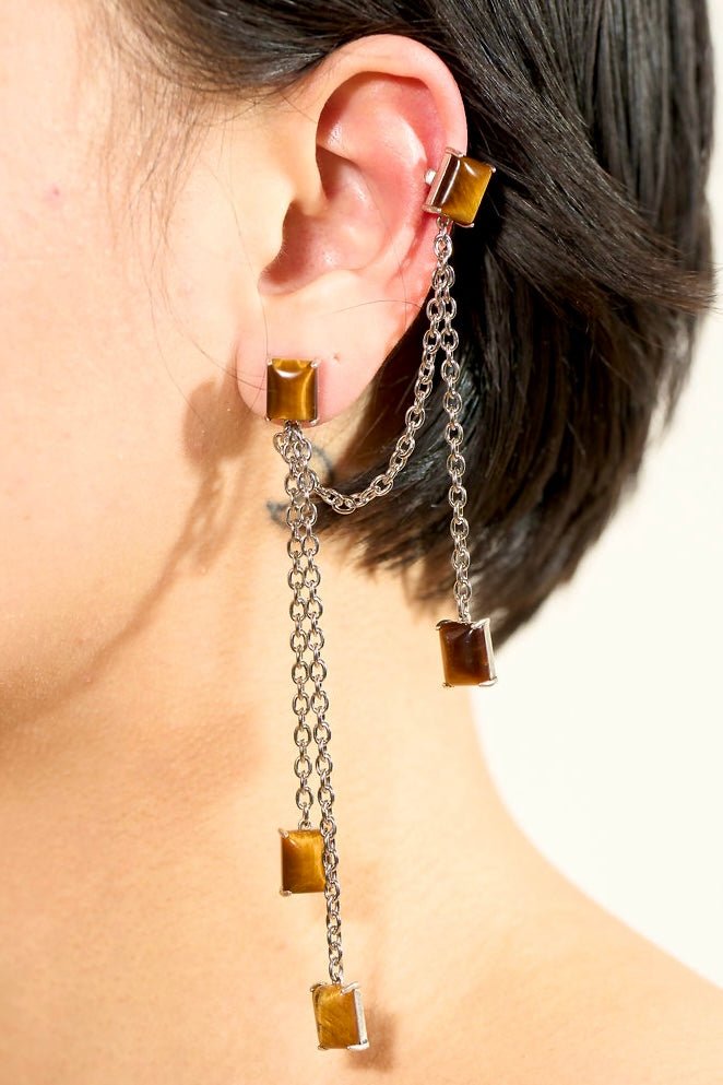 Silver Baguette Swoop Cuff in Tiger Eye (single earring) Jewelry Vesper Obscura