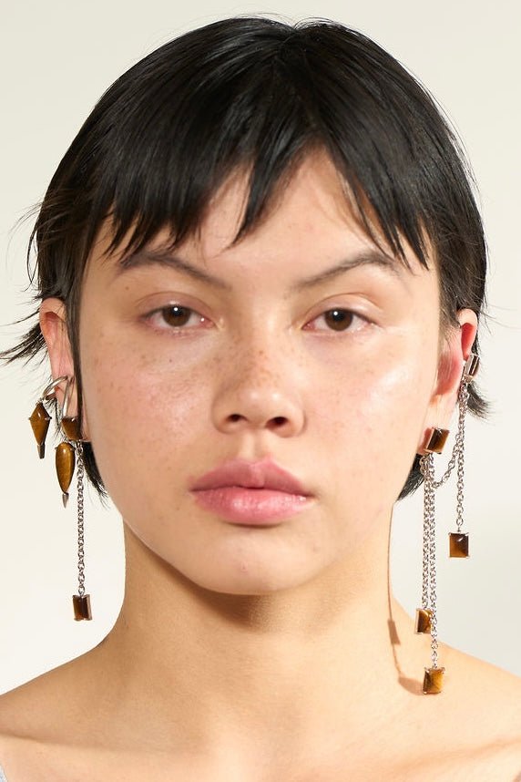 Silver Baguette Swoop Cuff in Tiger Eye (single earring) Jewelry Vesper Obscura