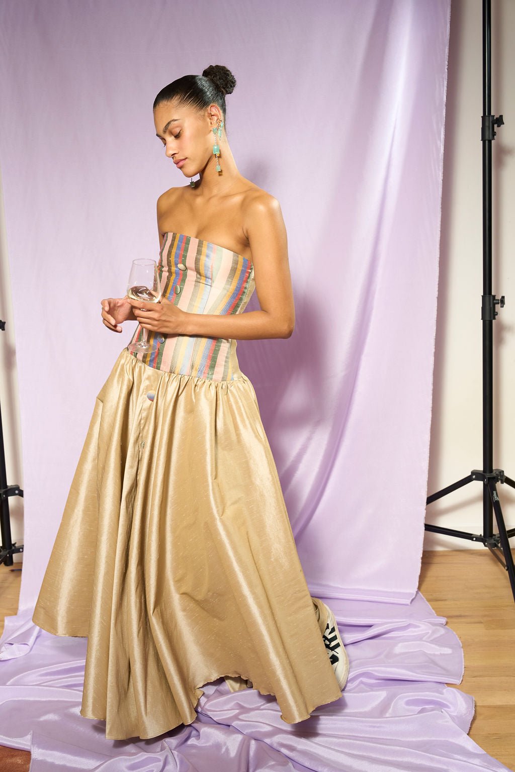 Longline Silk Taffeta Dress in Pearl