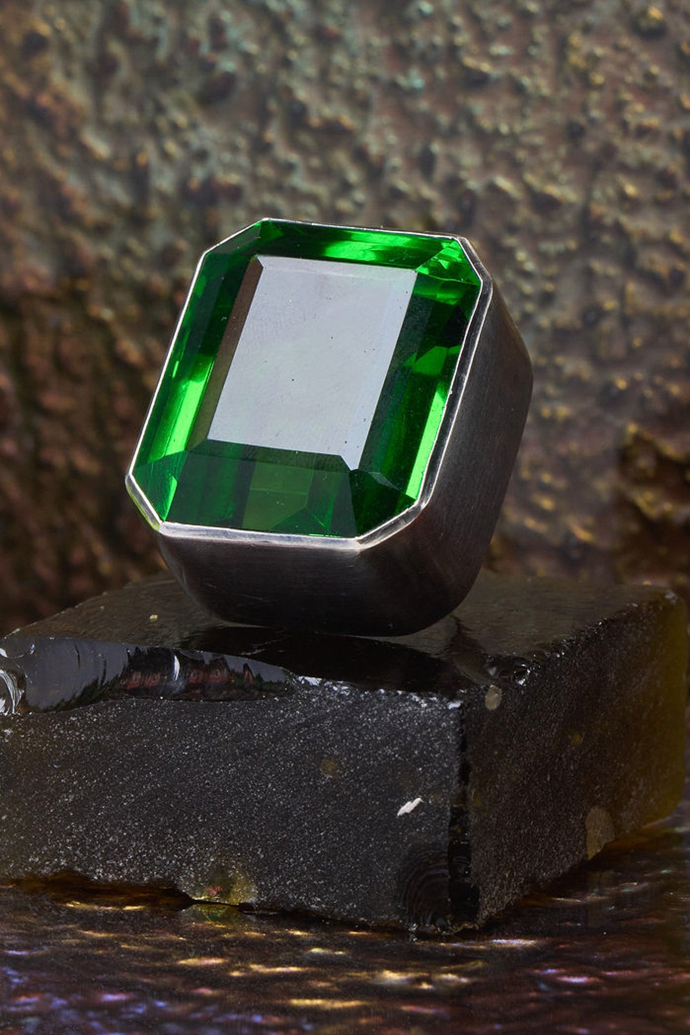 Square Goliath Ring in Green Envy (Silver) Jewelry Vesper Obscura