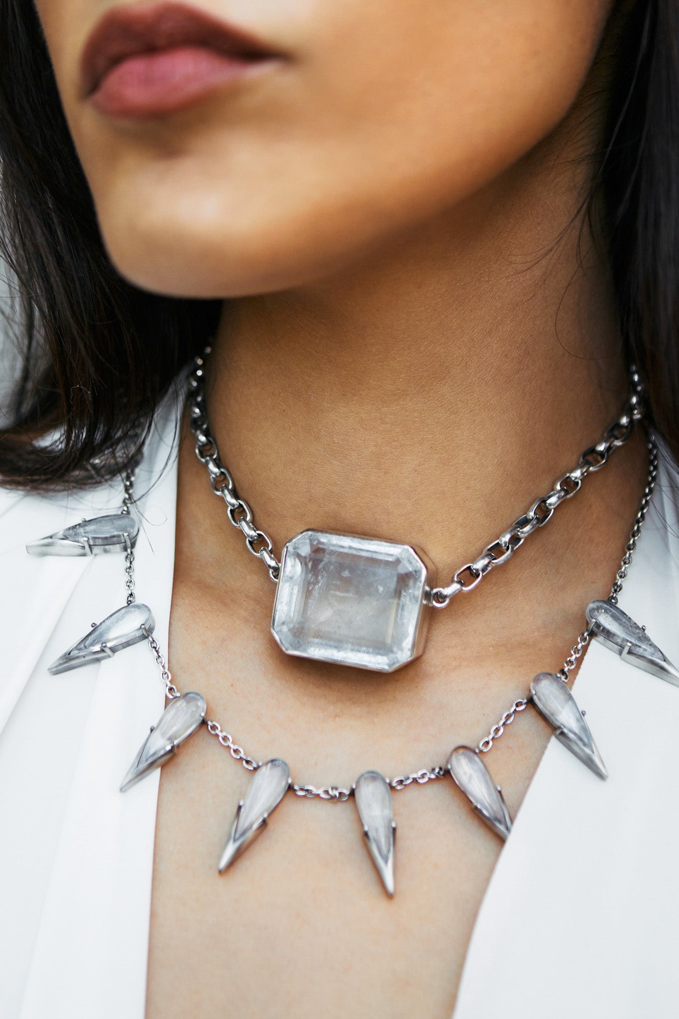 Square Goliath Choker in Striated Crystal (Silver) Jewelry Vesper Obscura