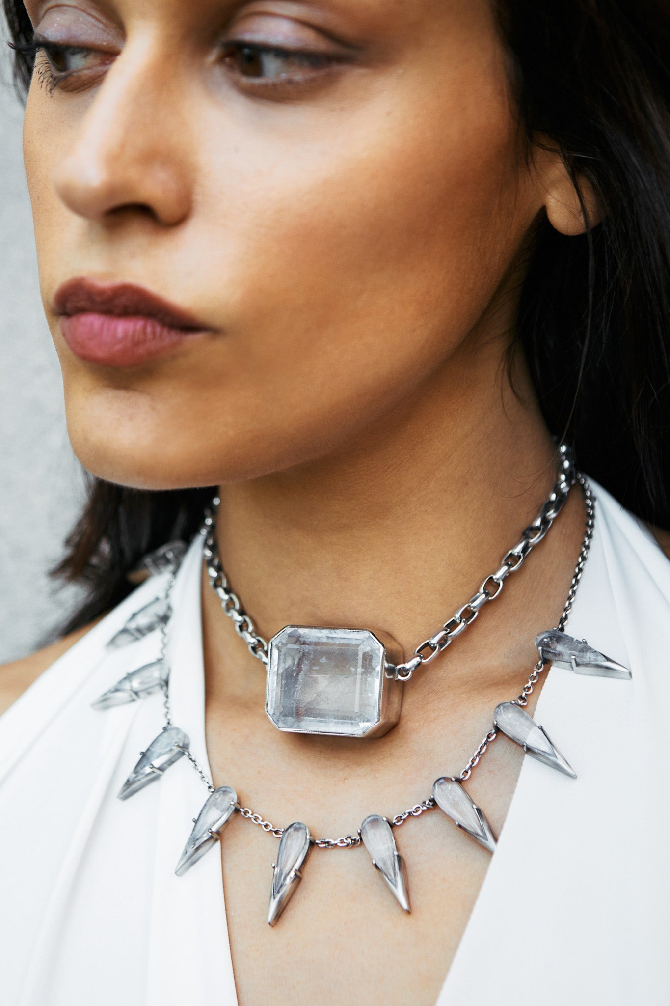 The Saber Tooth Necklace in Striated Crystal (Silver) Vesper Obscura