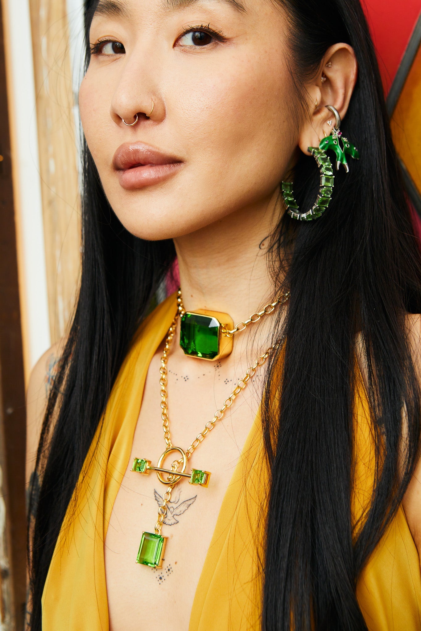 Gem Drop Toggle Necklace in Green Envy (Gold) Jewelry Vesper Obscura