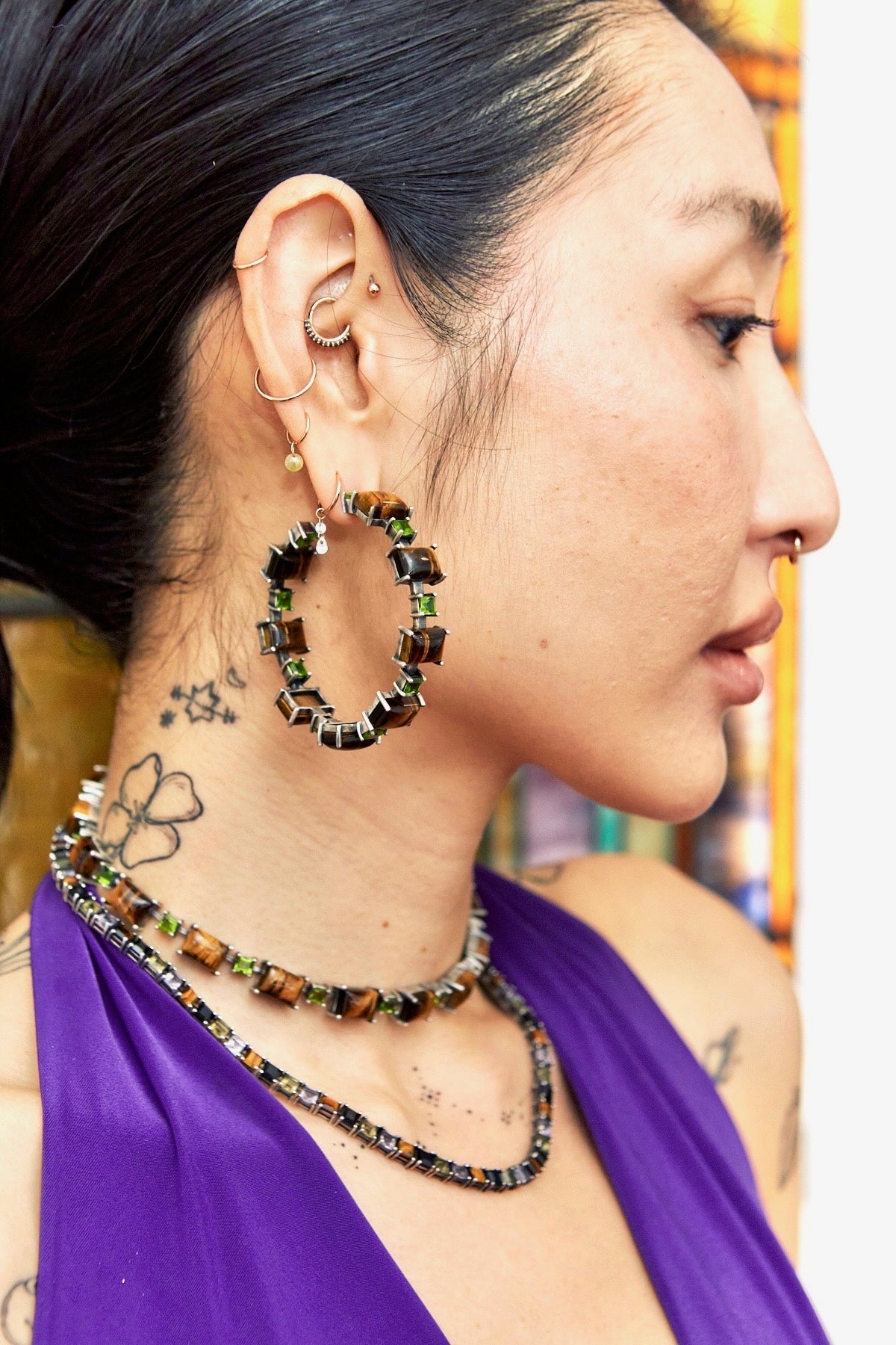 Battlement hoops in Tiger Eye and Peridot (Silver) Jewelry Vesper Obscura