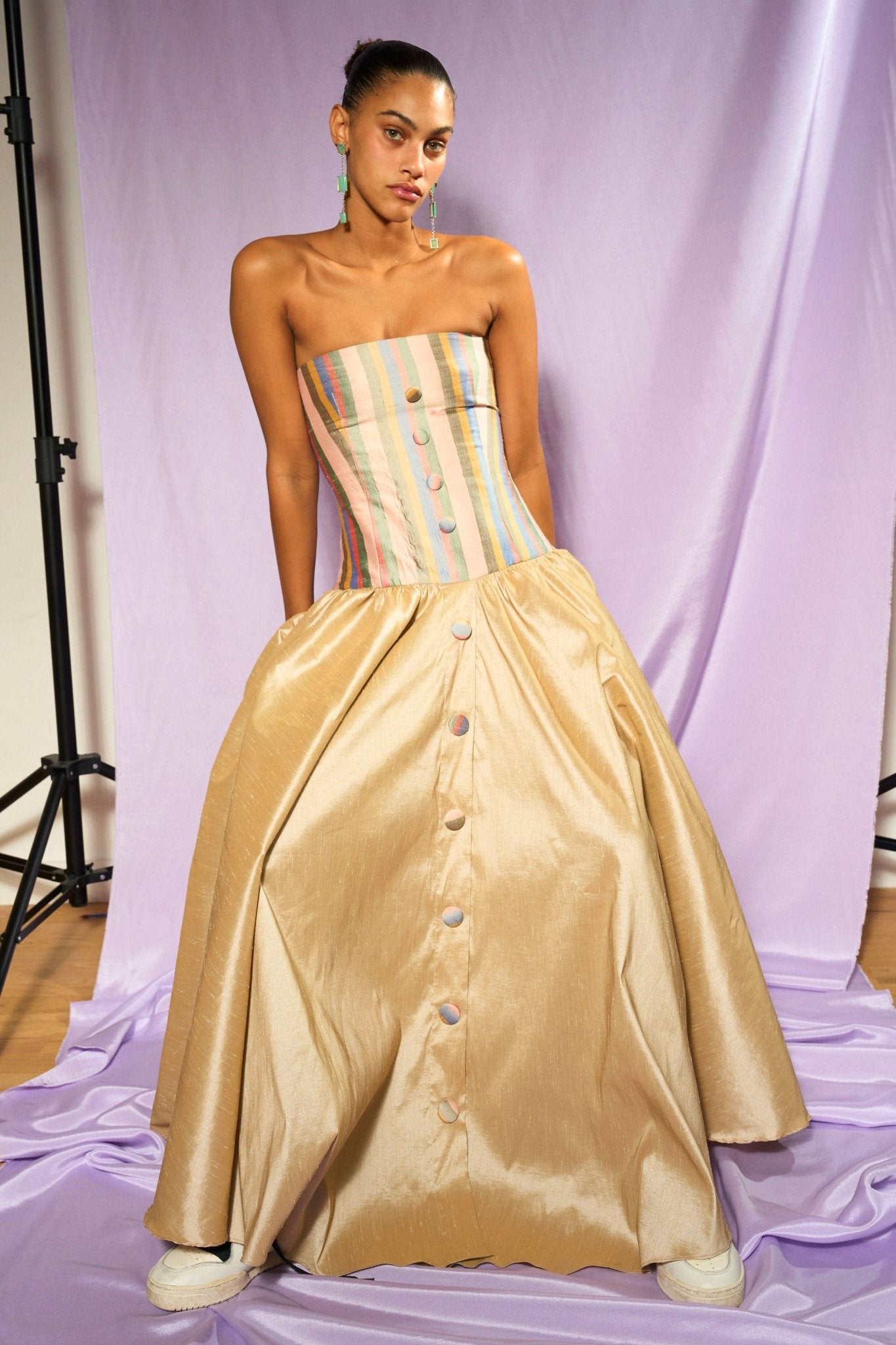 Longline Silk Taffeta Dress in Pearl