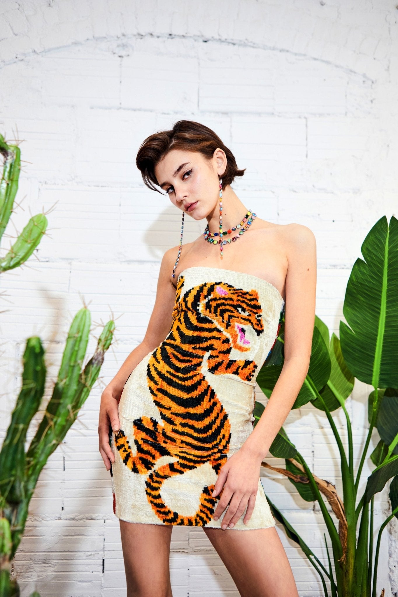 Uzbek Silk Velvet Tiger Mini Dress mia vesper